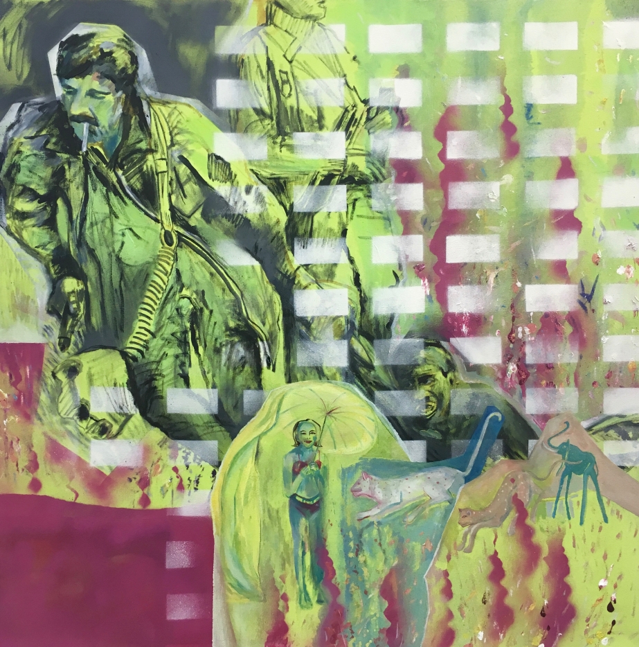 1Politics Disrupts Utopia 1, (2019) 85 x 85 cm, Oil, spray paint acrylic on canvas
